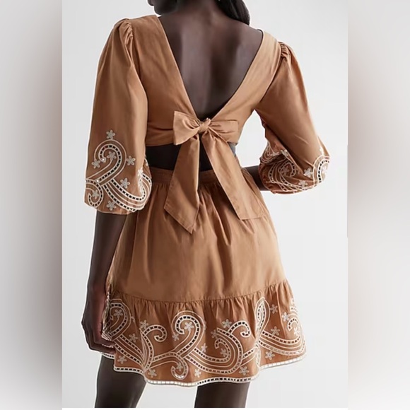 Express Tan with White Embroidery Design and Cut-Out Back with Tie | Size XL - Picture 8 of 8